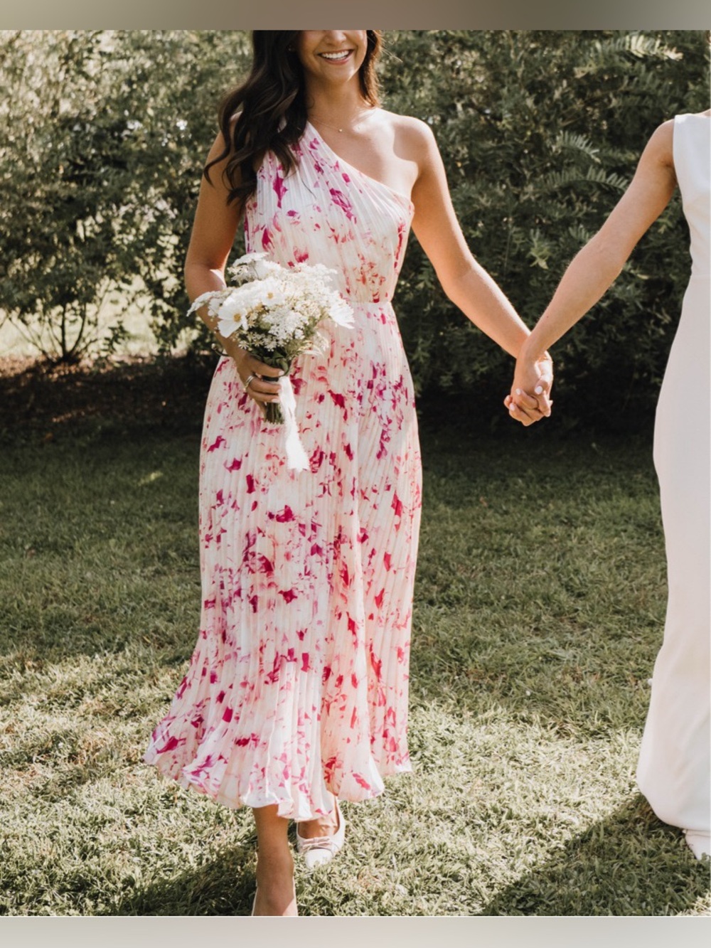 Monique Lhuillier Alina Pleated One-Shoulder White Dress with Pink Floral Print